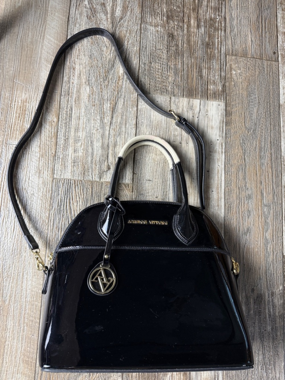Adrienne Vittadini Black Patent Dome Satchel with Detachable Strap